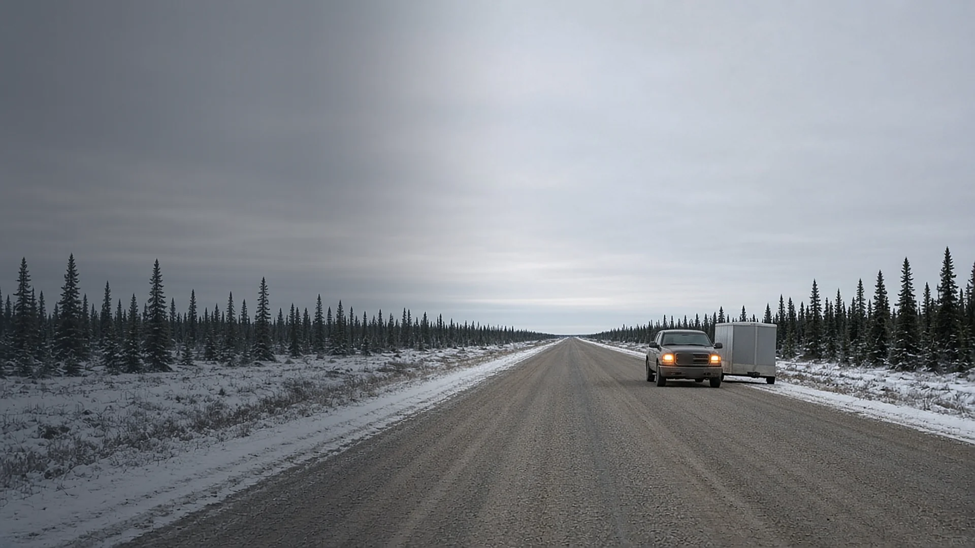 A pickup towing a trailer down a gravel highway through snowy boreal forest under an overcast sky